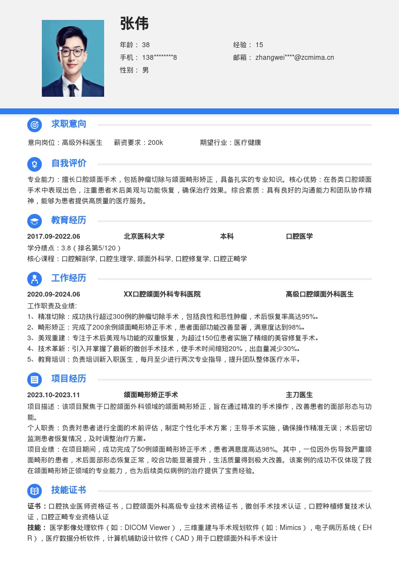 口腔颌面外科医生出色表现简历模板