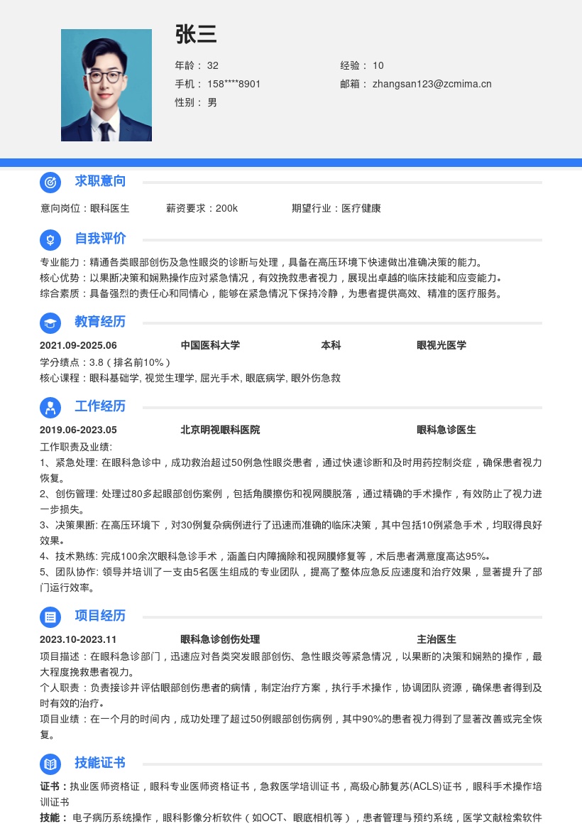 眼科医生岗位紧急情况应对简历模板
