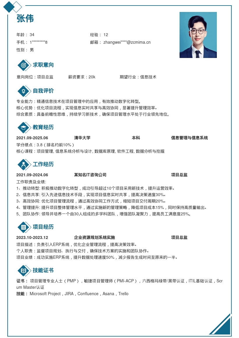 项目总监数字化转型优化管理简历模板