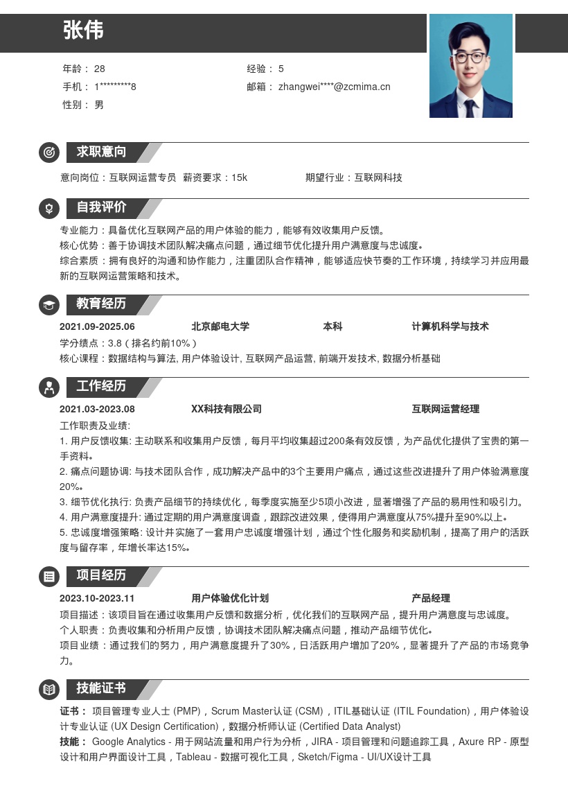 互联网运营岗位优化体验解决痛点简历模板