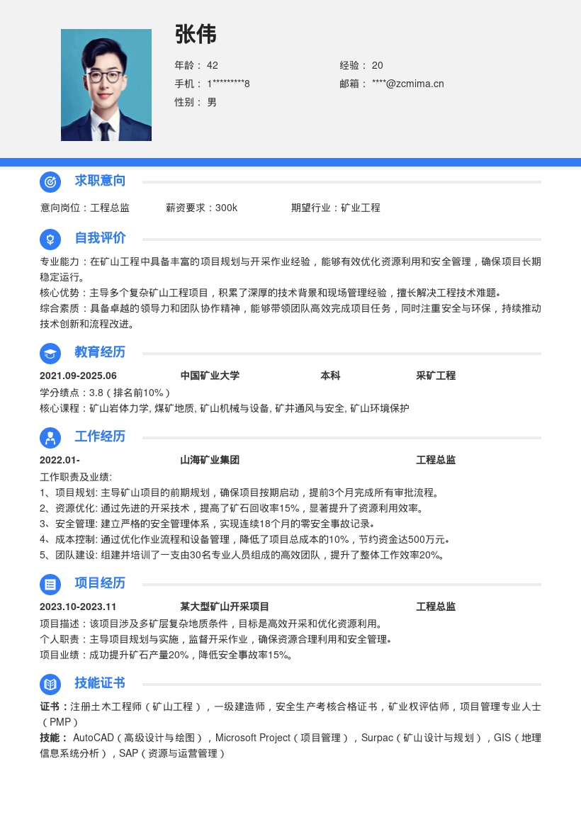 矿山工程总监复杂项目经验简历模板