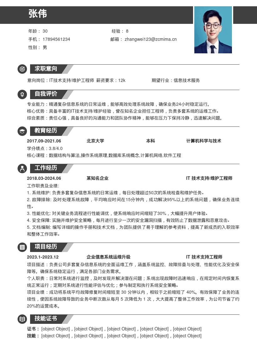 20多套IT技术支持_维护工程师岗位简历模板合集word版