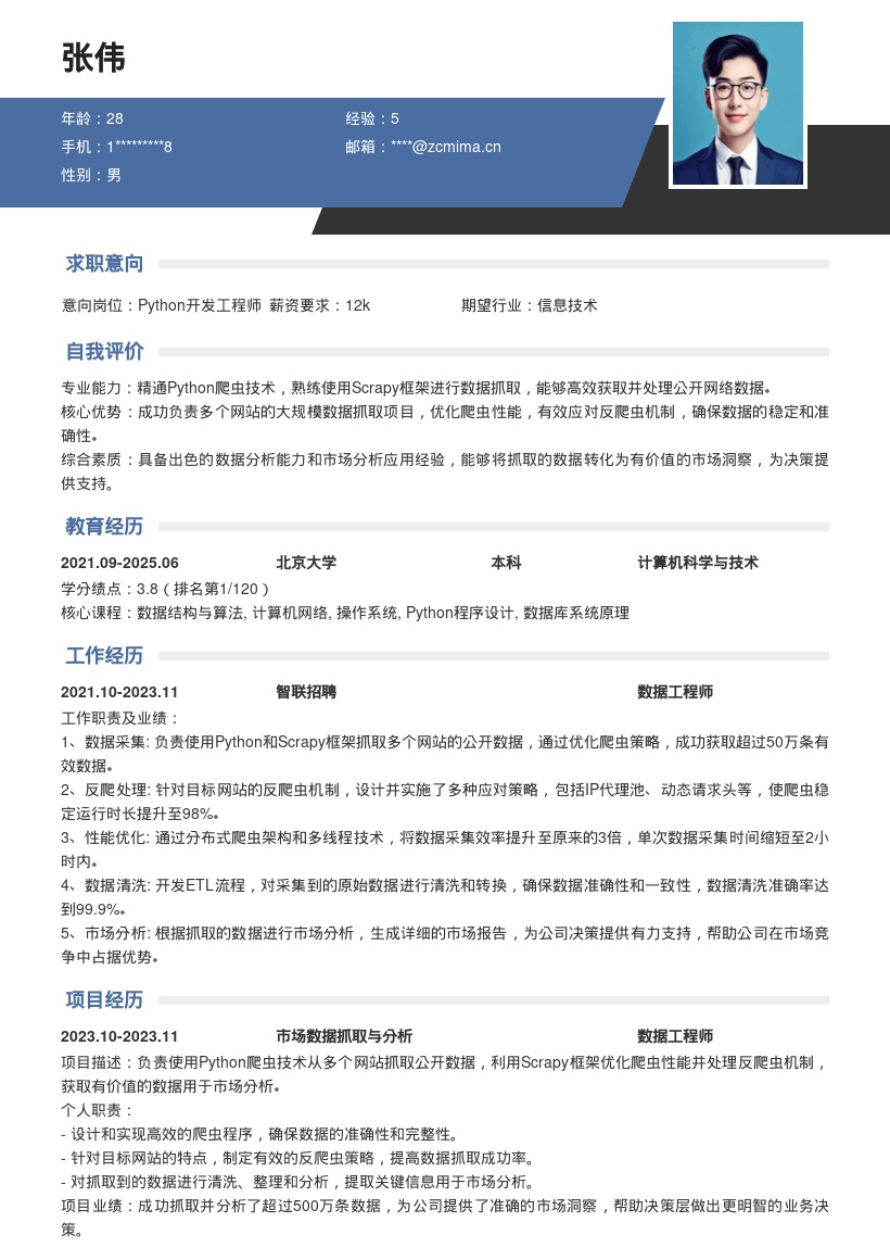 Python爬虫工程师岗位简历模板含项目经验 