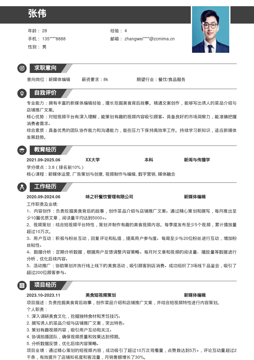 餐饮企业新媒体编辑简历模板含创作经历