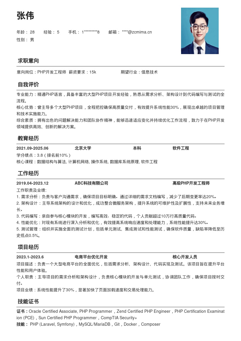 资深PHP开发工程师简历模板含项目成果 