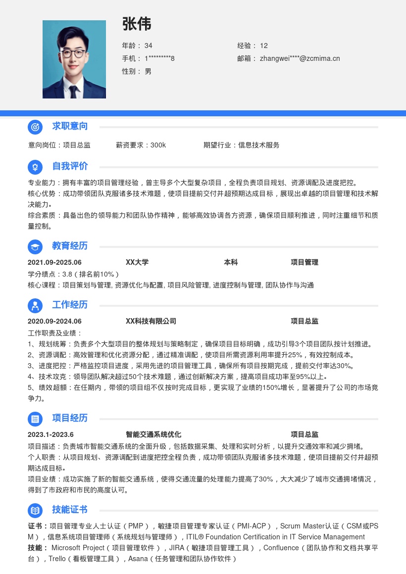 项目总监成功带团队提前交付简历模板