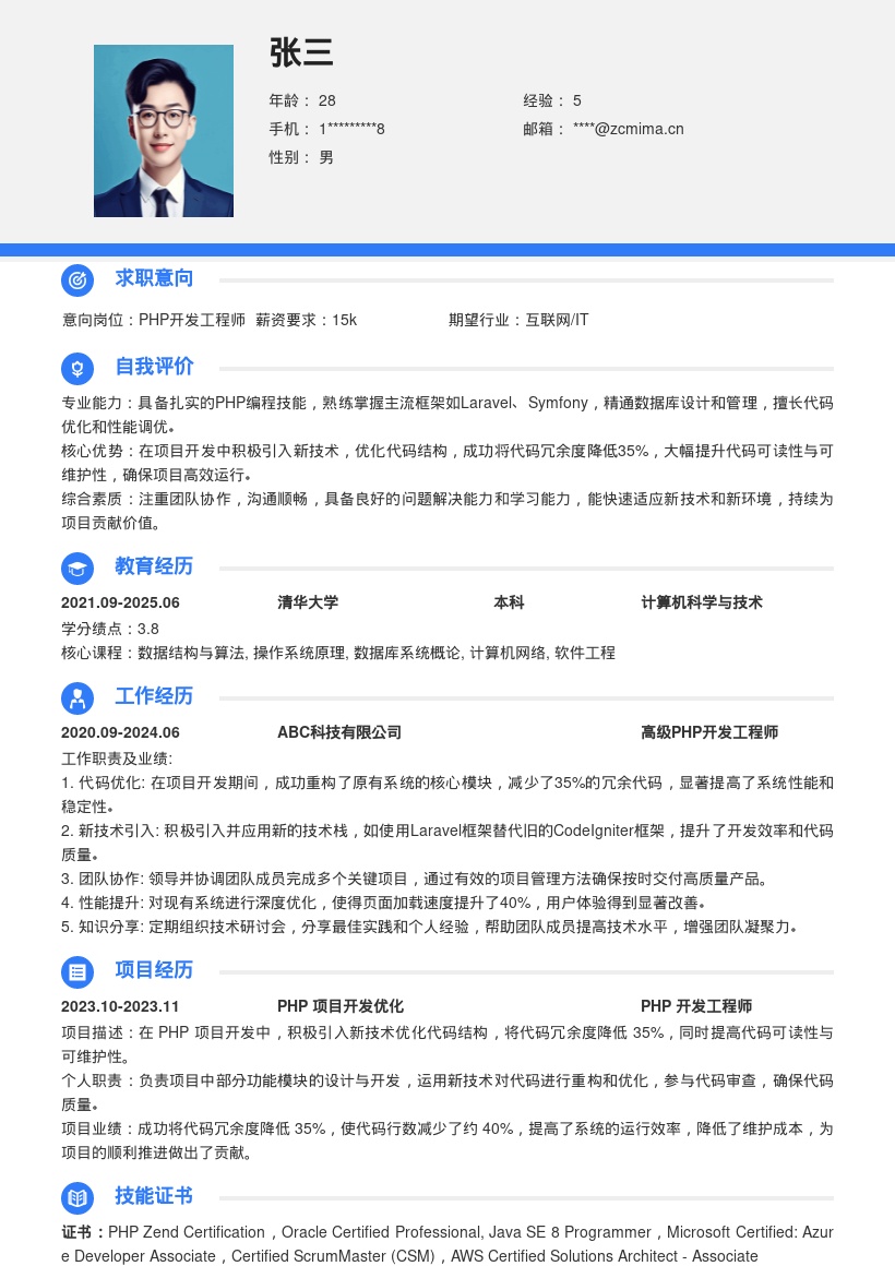 PHP开发岗积极优化代码简历模板