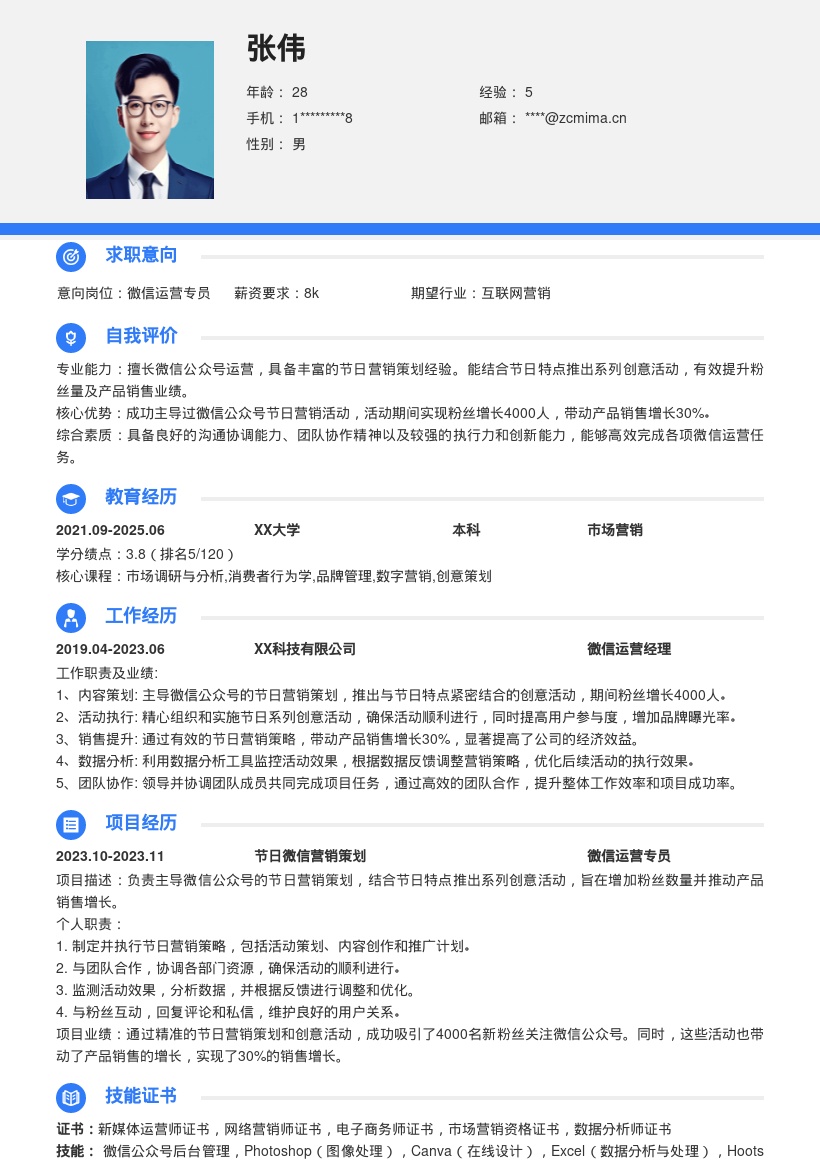 微信运营岗位节日营销成果简历模板