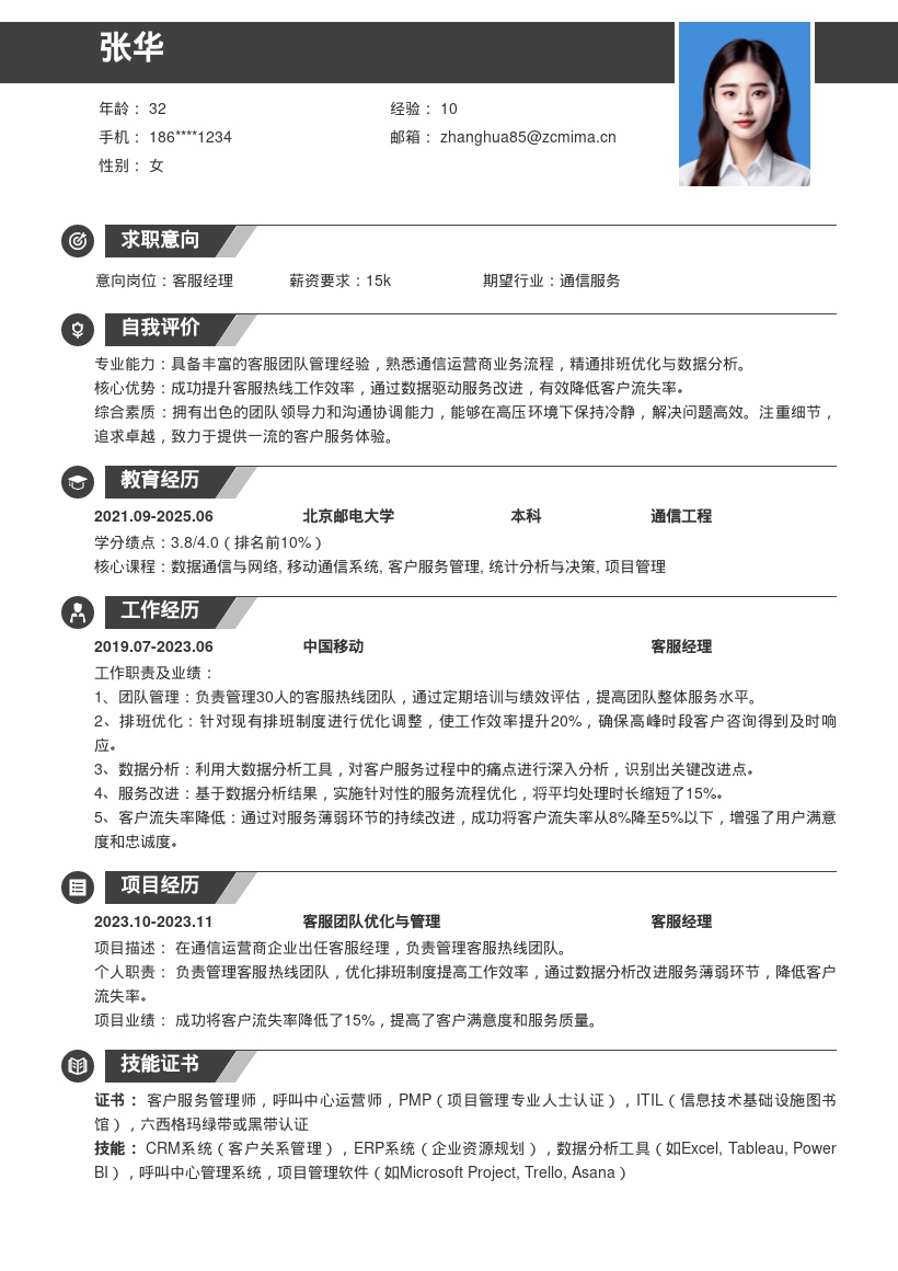 通信运营商客服经理简历模板含优化策略 