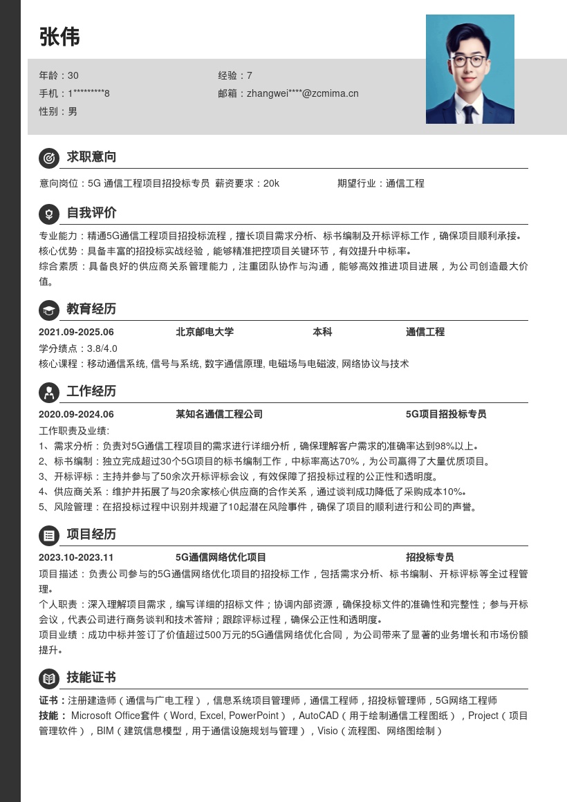 5G通信工程项目招投标岗位简历模板