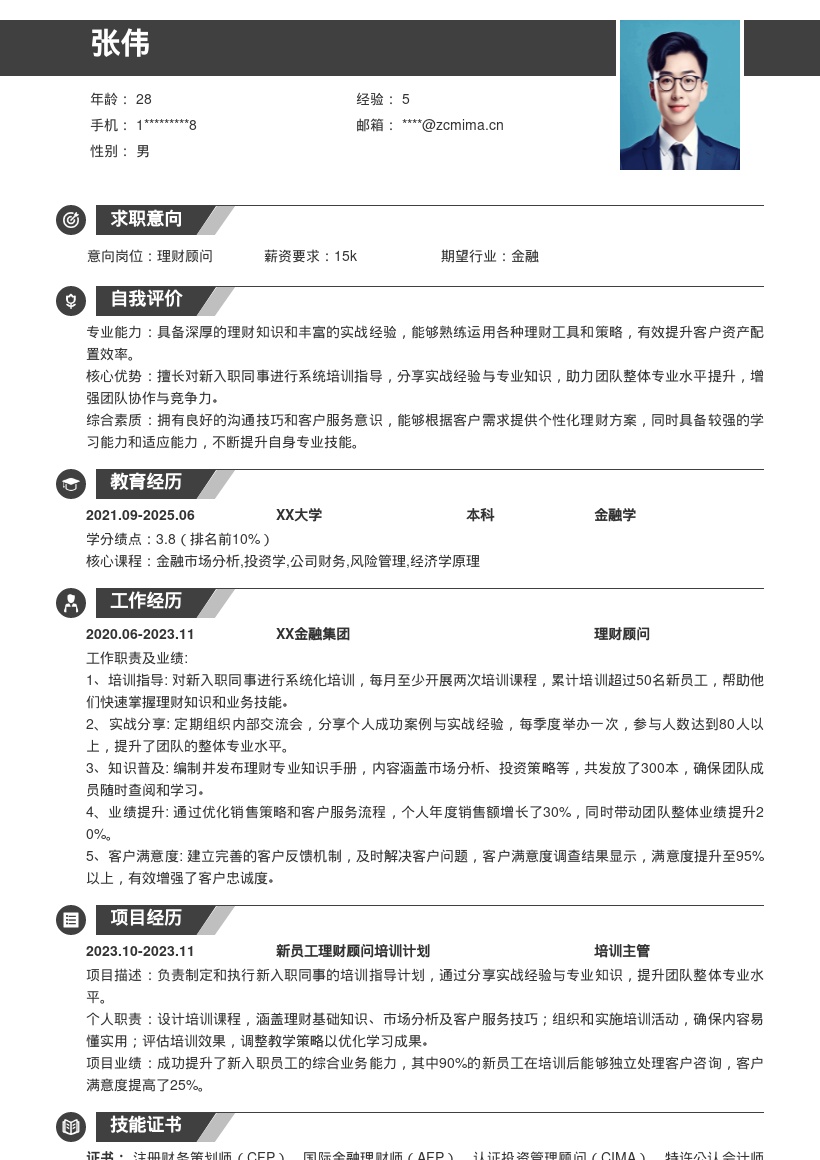 理财顾问助力团队提升简历模板