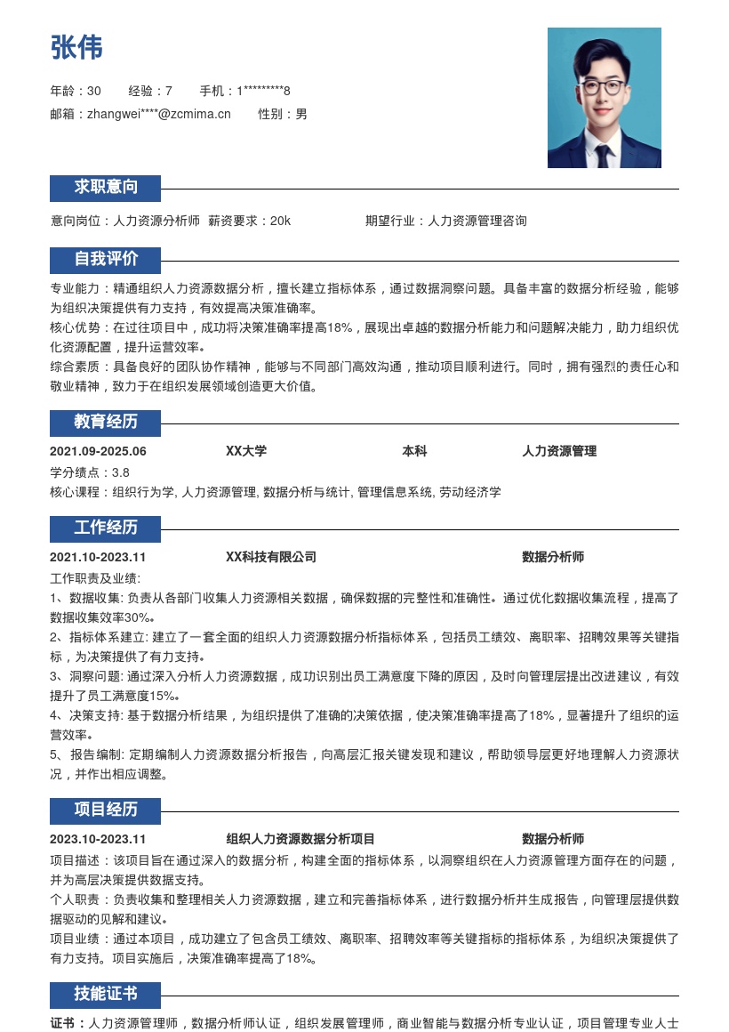 组织发展岗基于数据分析决策简历模板