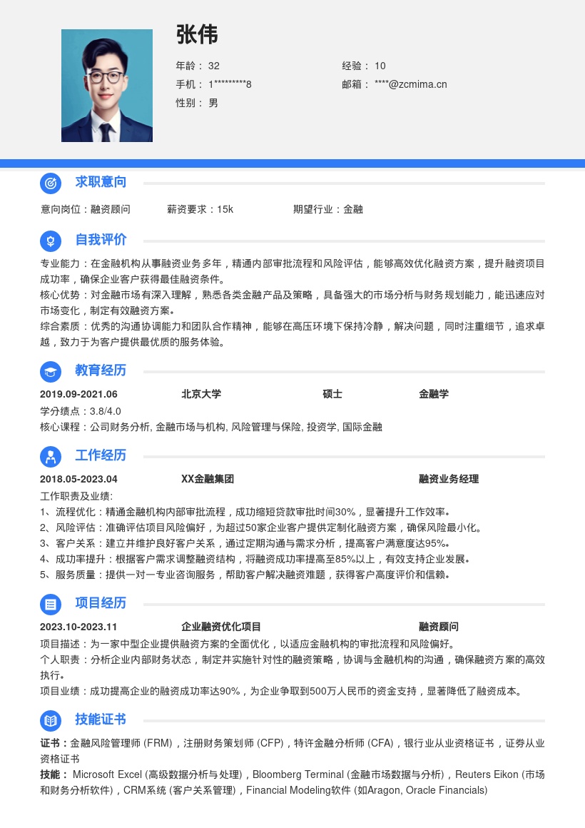 融资专员熟悉审批风险提供服务简历模板
