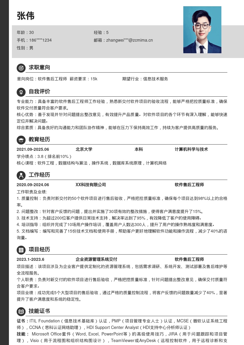 软件售后工程师负责验收整改简历模板