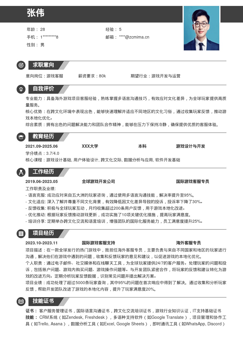 海外游戏客服简历模板含跨文化沟通经验 