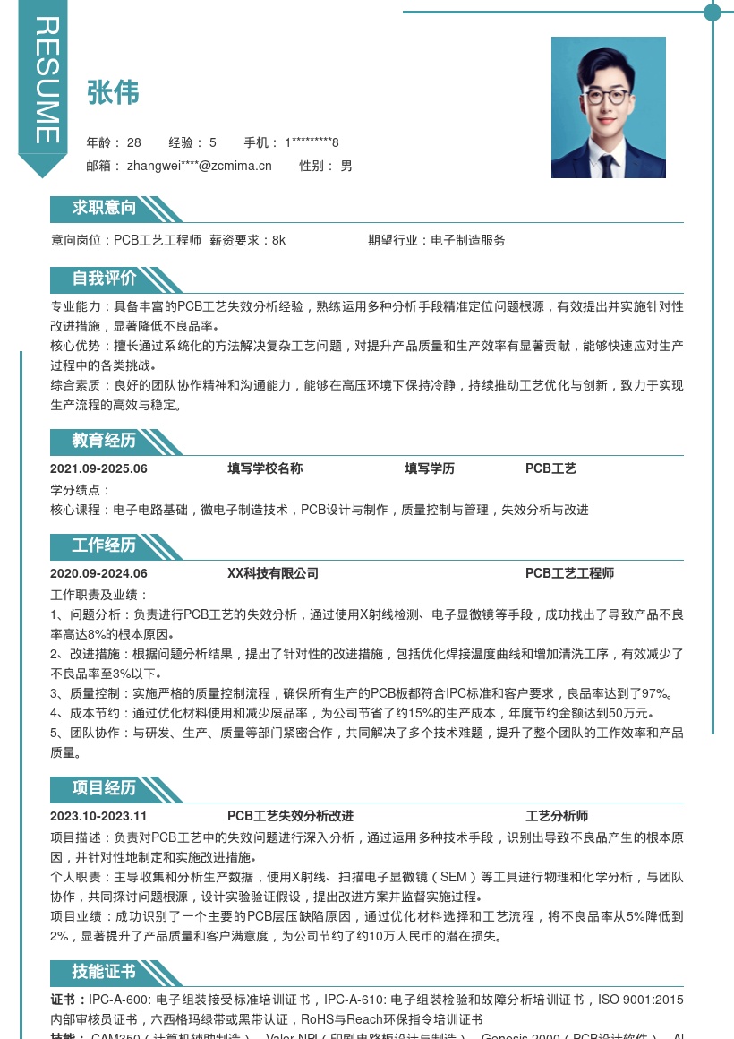 PCB工艺工程师失效分析简历模板