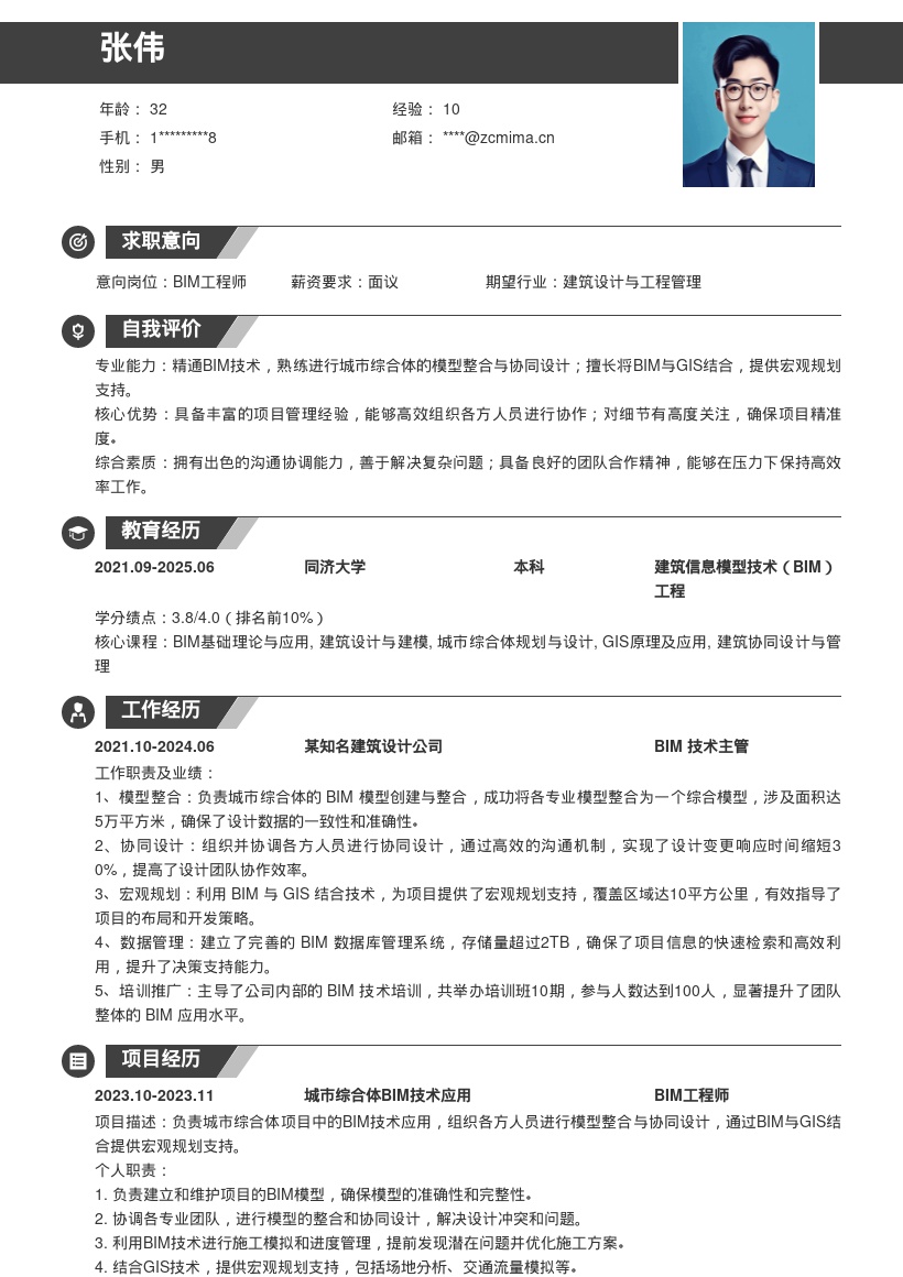 BIM工程师负责综合体协同等简历模板