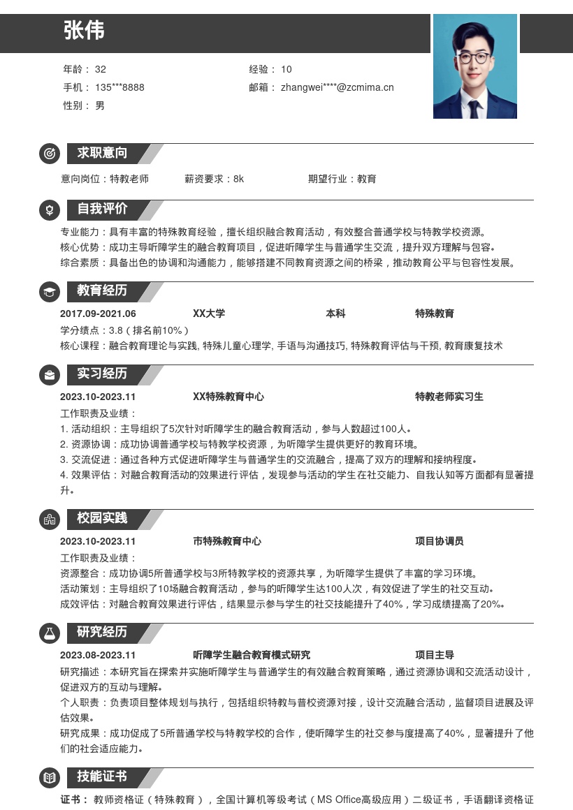 特教老师主导融合教育活动简历模板