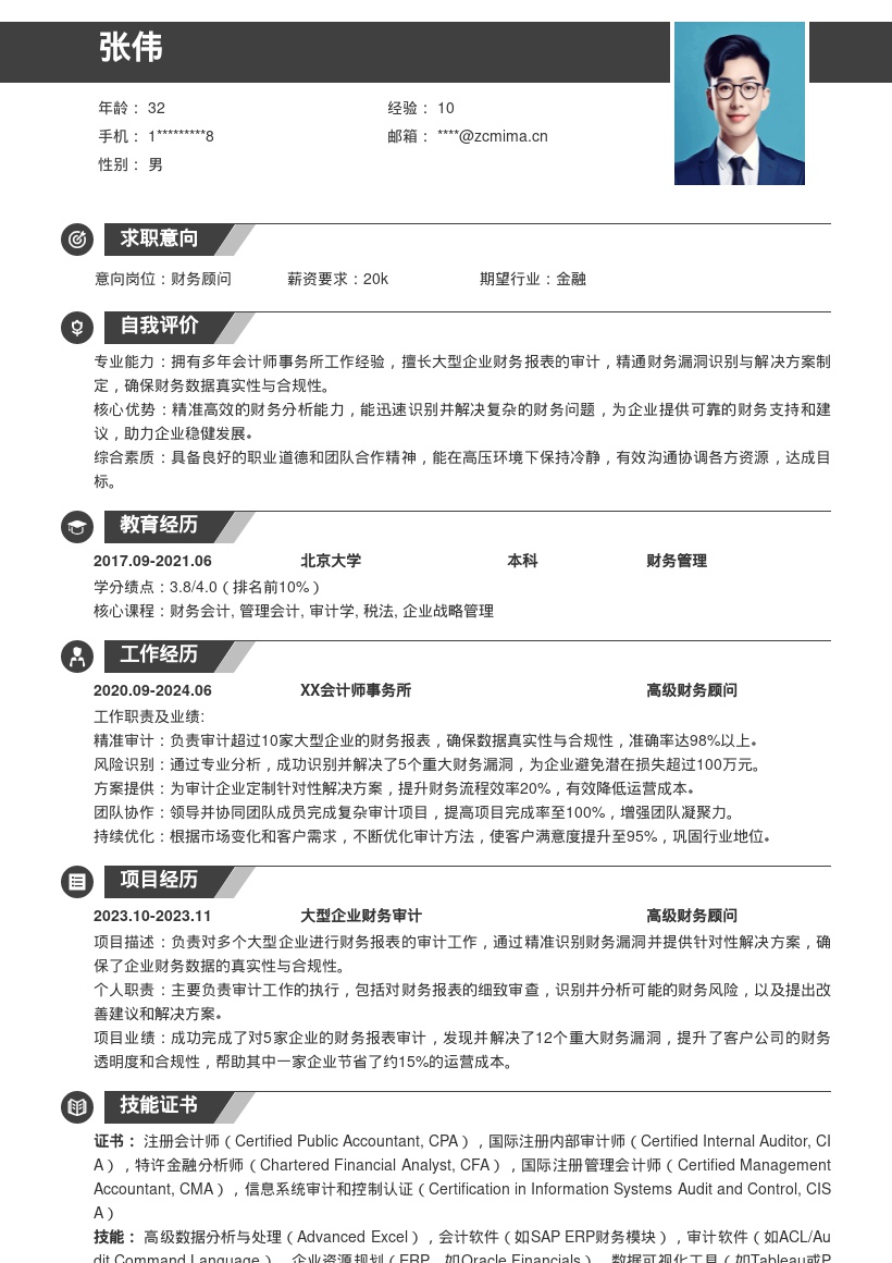 高级财务顾问负责审计等简历模板