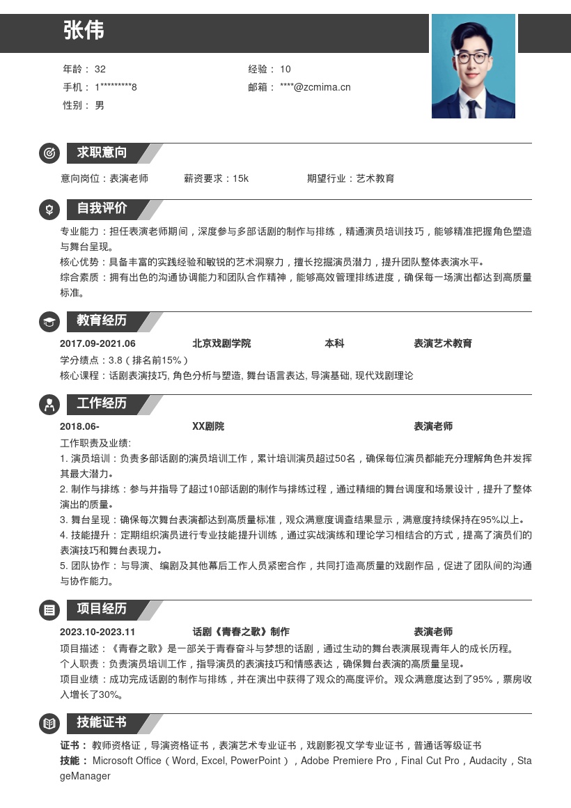 表演老师参与话剧制作培训简历模板