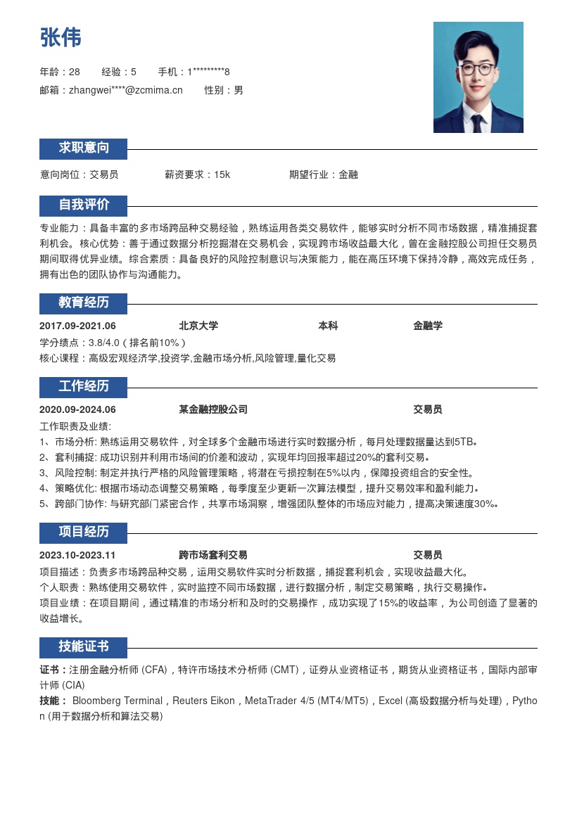 金融控股公司交易员简历模板含跨市经验