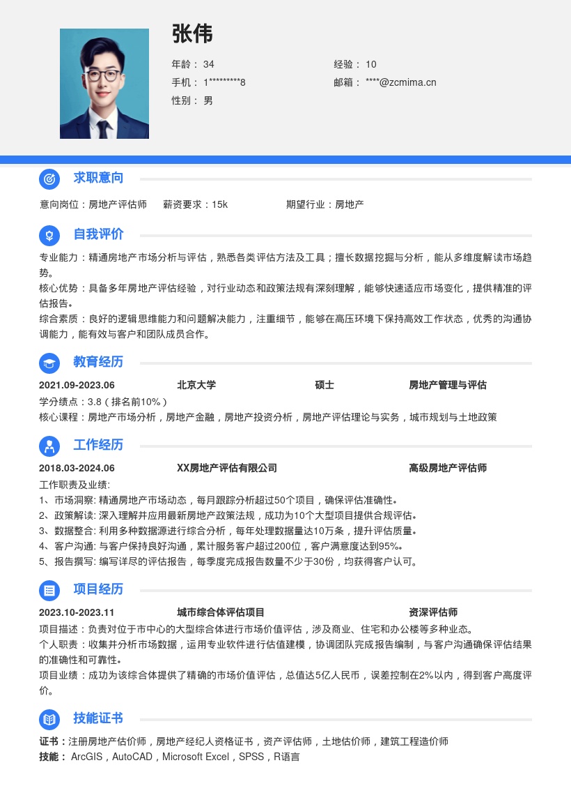 房地产评估岗位深耕多年综合分析简历模板