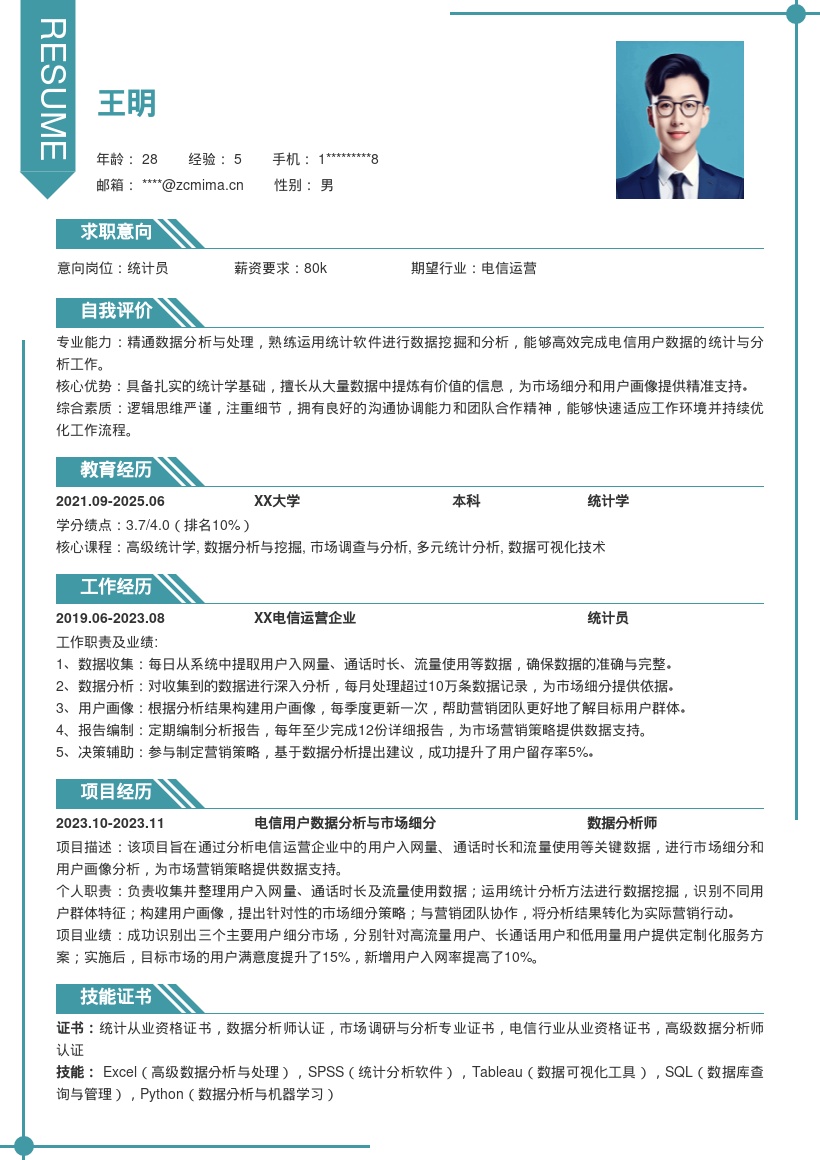 电信运营统计员市场分析支持简历模板