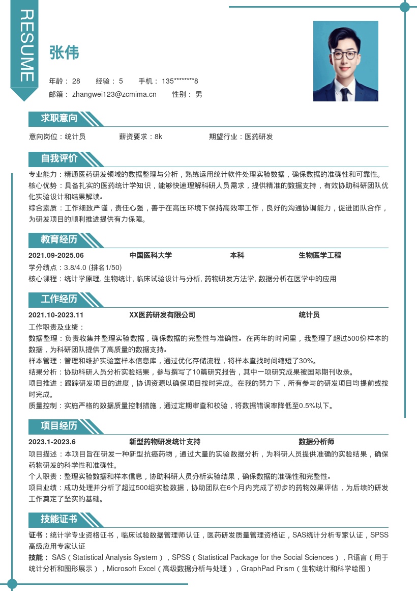 医药研发统计员岗位求职简历模板