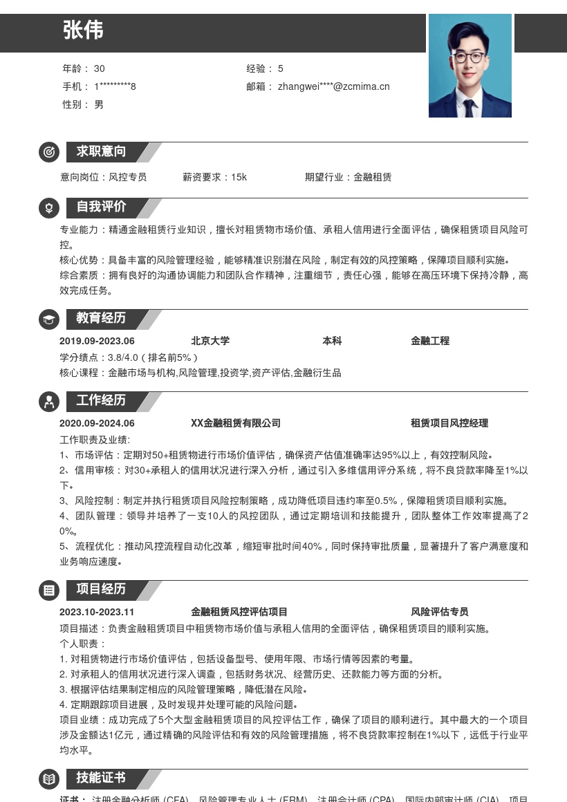 金融租赁公司风控岗位简历模板