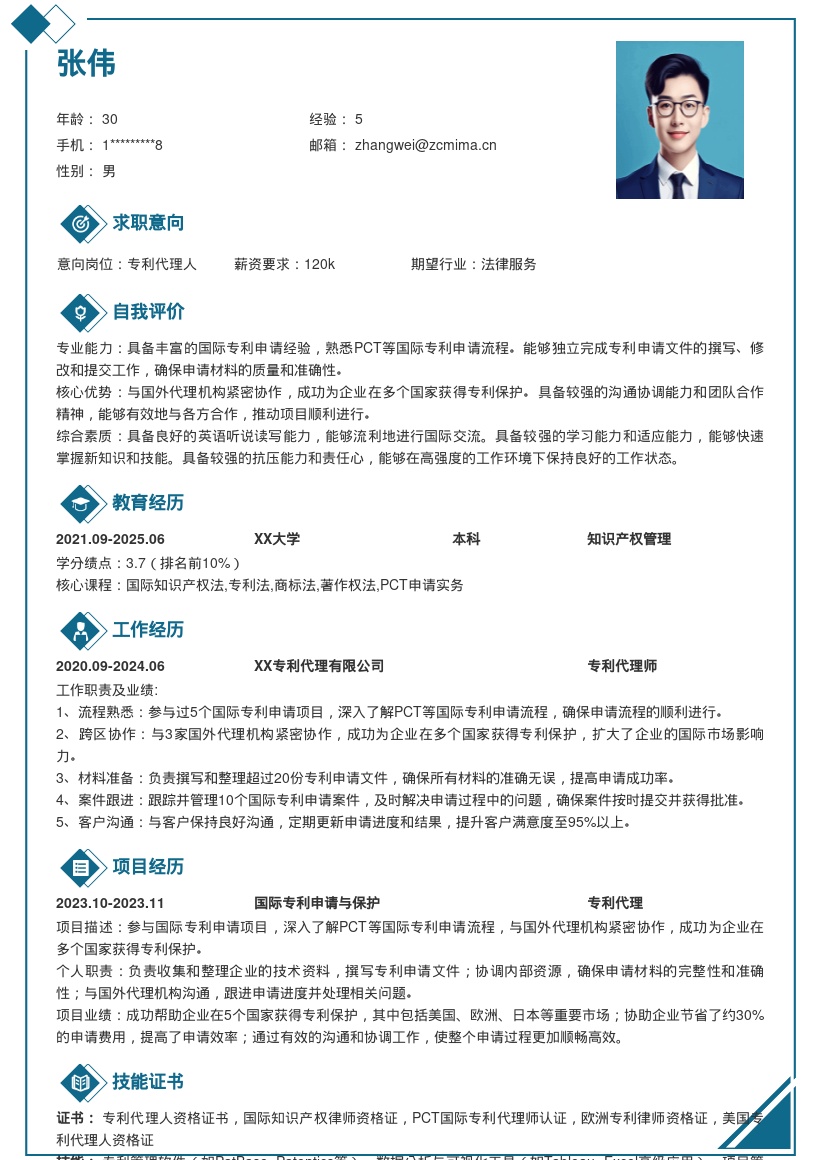 专利代理岗位国际申请经验简历模板