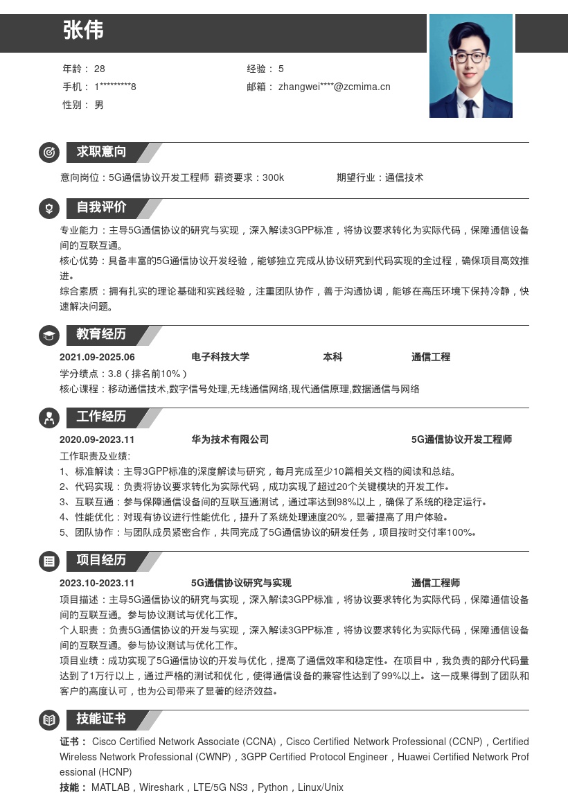 5G通信协议开发岗位简历模板来啦