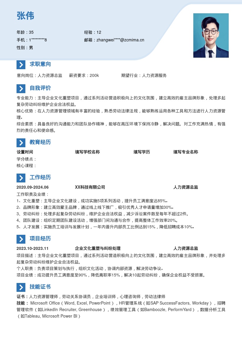 人力资源总监成功案例简历模板 