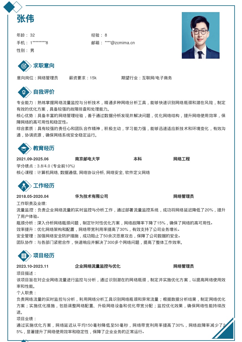 网络管理员负责流量监控分析简历模板