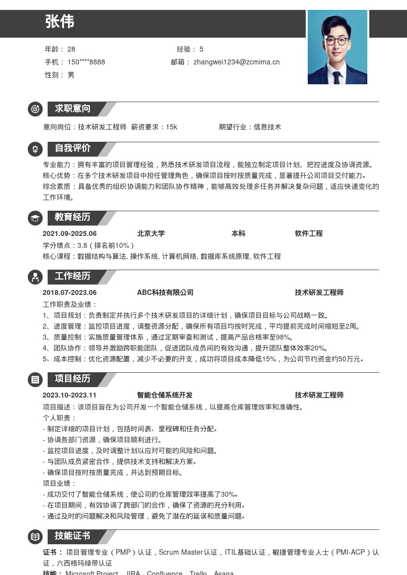 技术研发工程师多项目管理简历模板