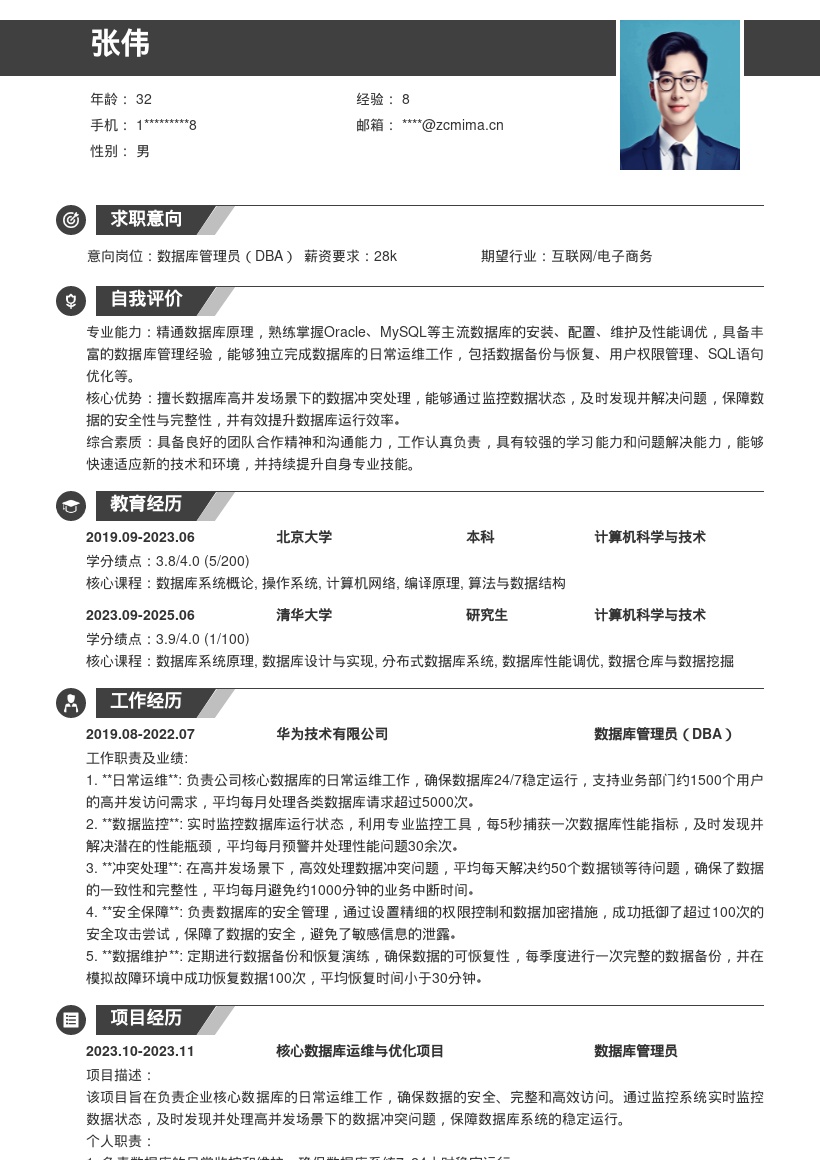 DBA岗位高并发数据运维保障简历模板