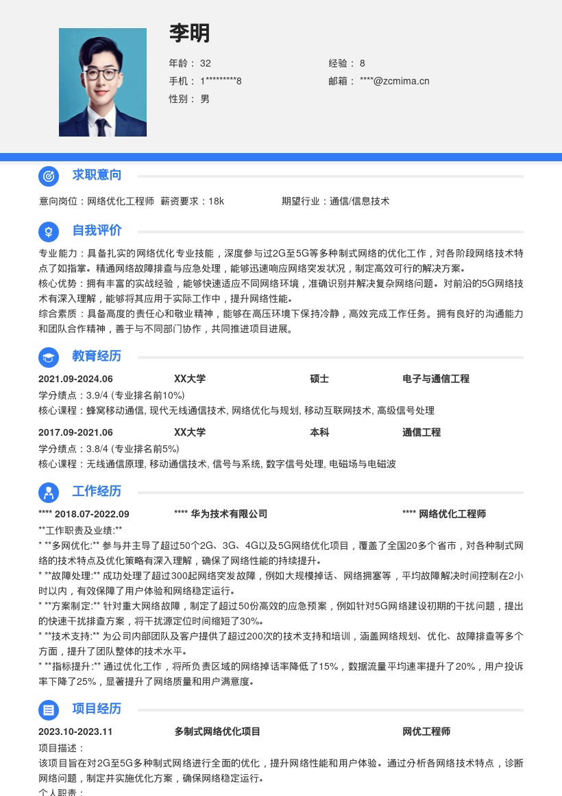 20多套网优工程师岗位简历模板合集word版