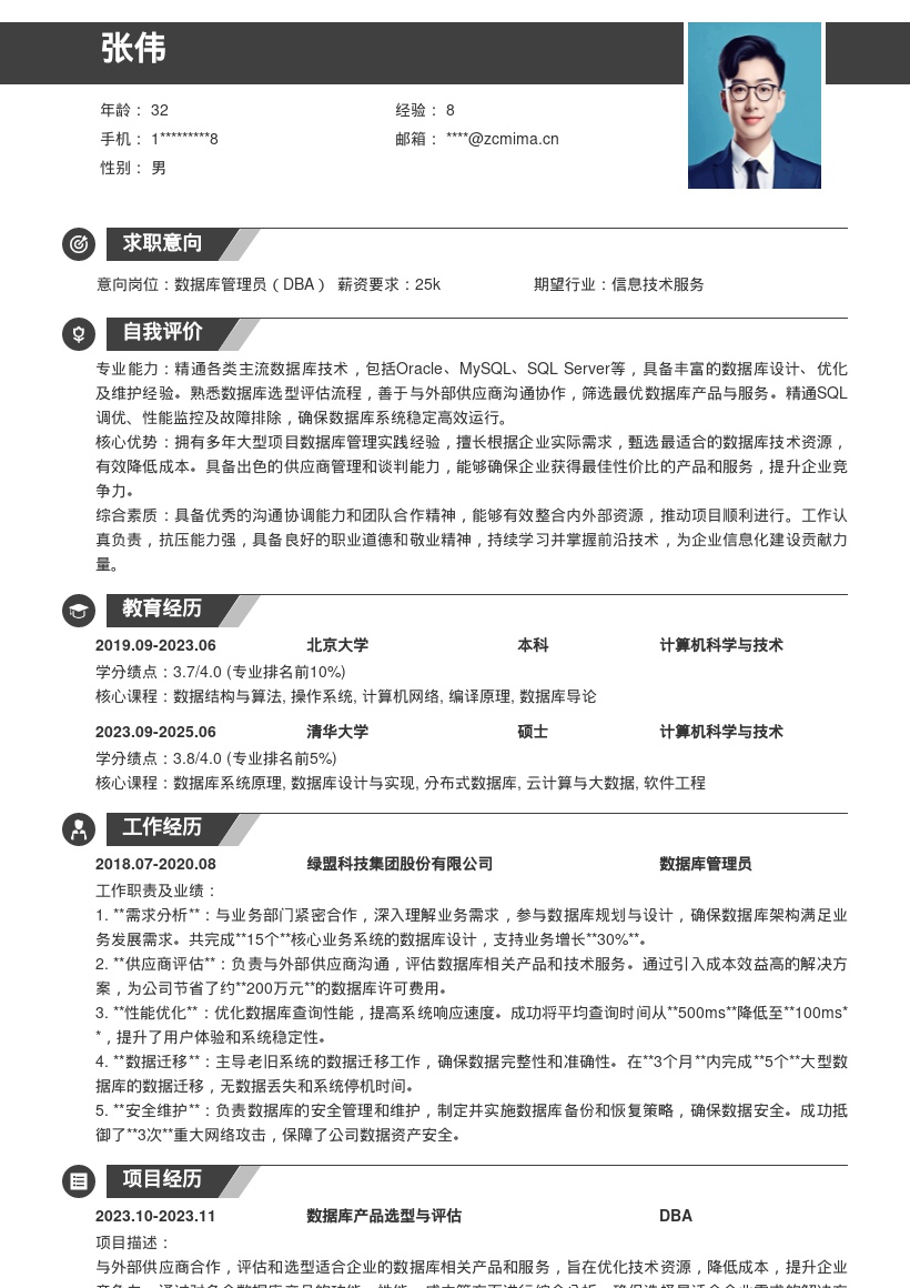 DBA岗位数据库选型成本优化简历模板