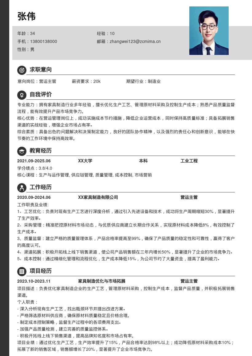 家具制造企业营运主管简历模板来啦