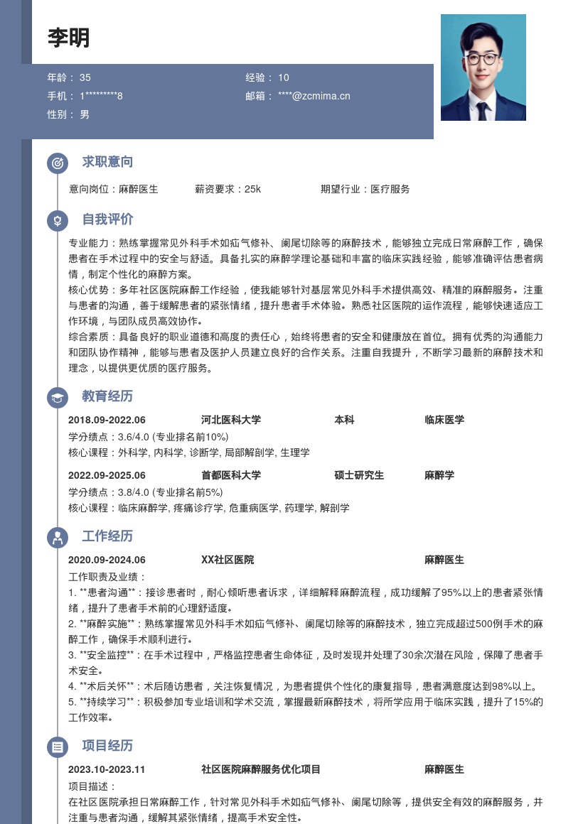 社区医院麻醉医生常见外科麻醉简历模板