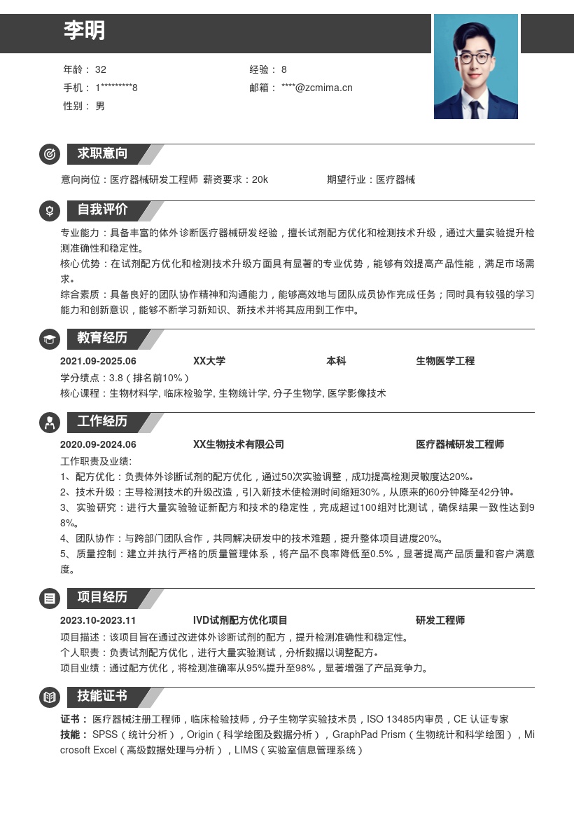 体外诊断医疗器械研发简历模板 