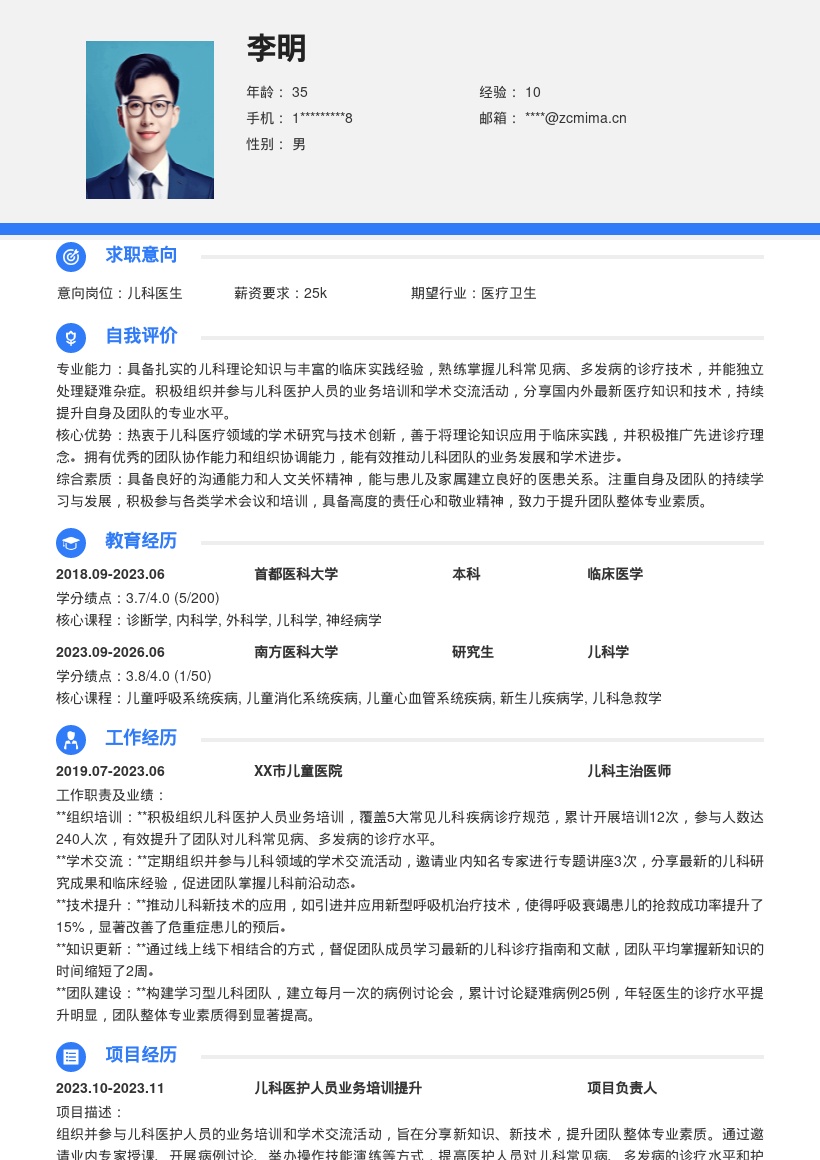 儿科医生积极提升团队素质简历模板