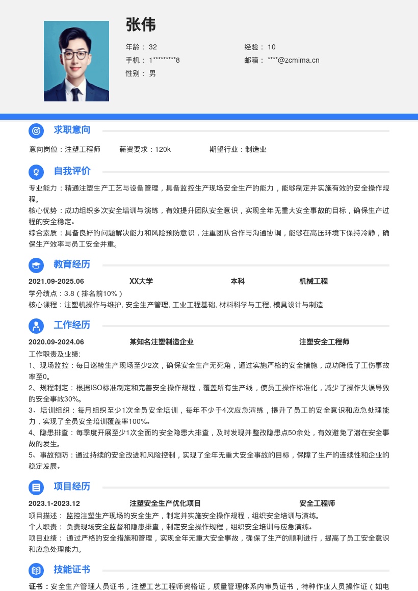 注塑工程师安全生产向全年无事故简历模板