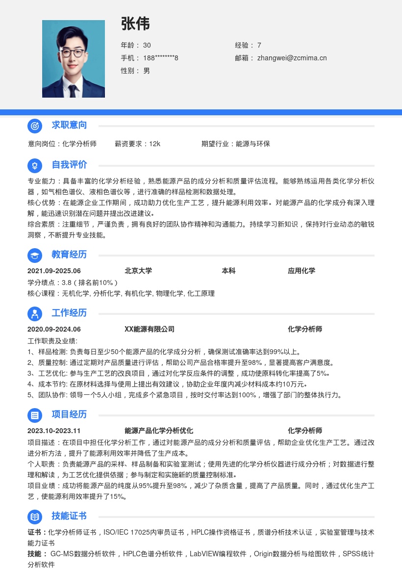 化学分析岗位能源企业工作简历模板