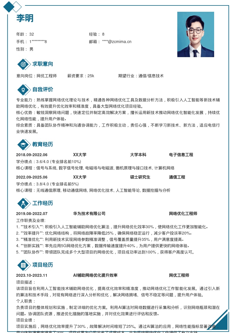 网优工程师积极引入新技术简历模板