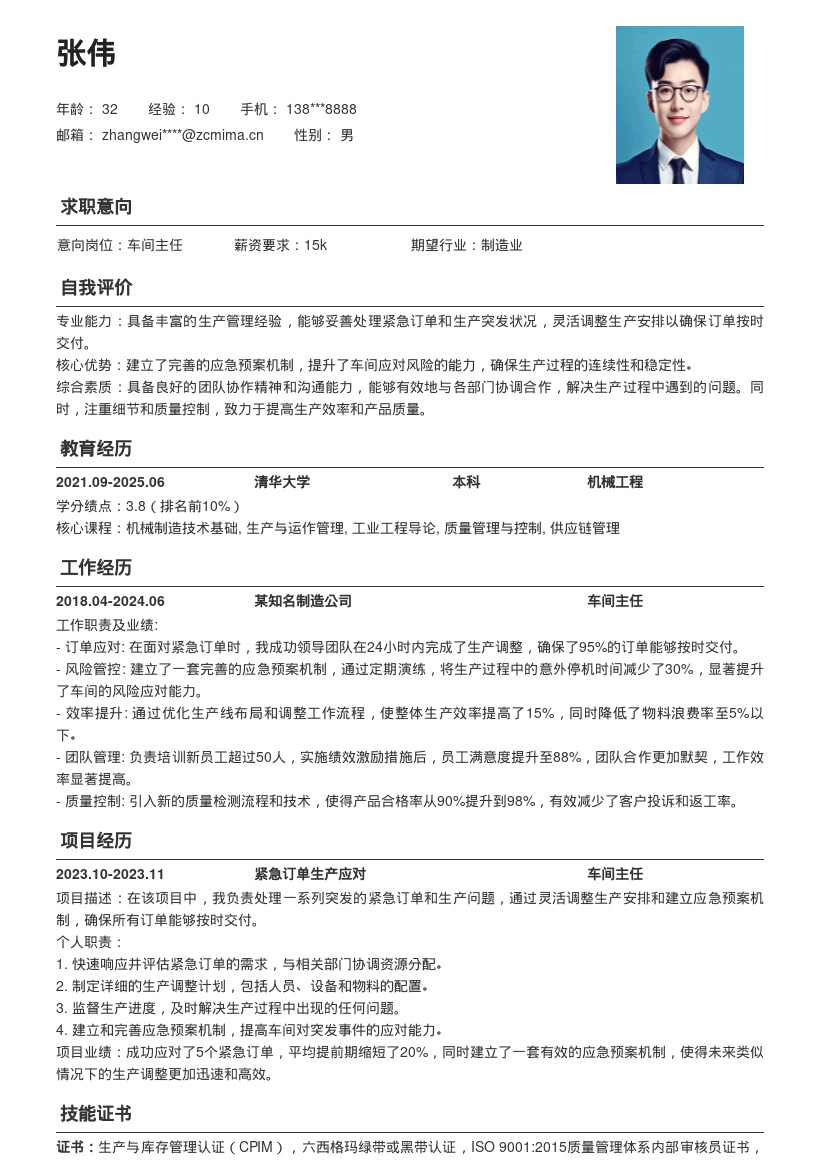 车间主任简历模板应对突发保障交付 