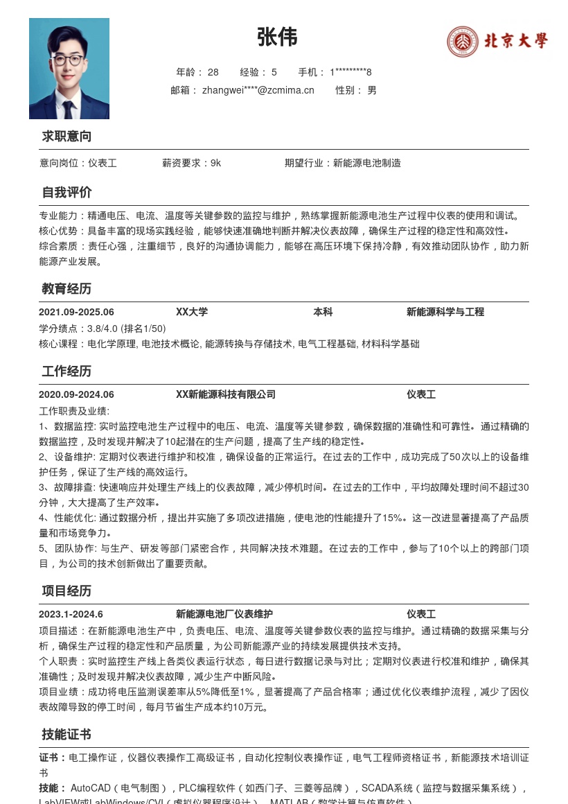 新能源电池厂仪表工简历模板含关键职责 