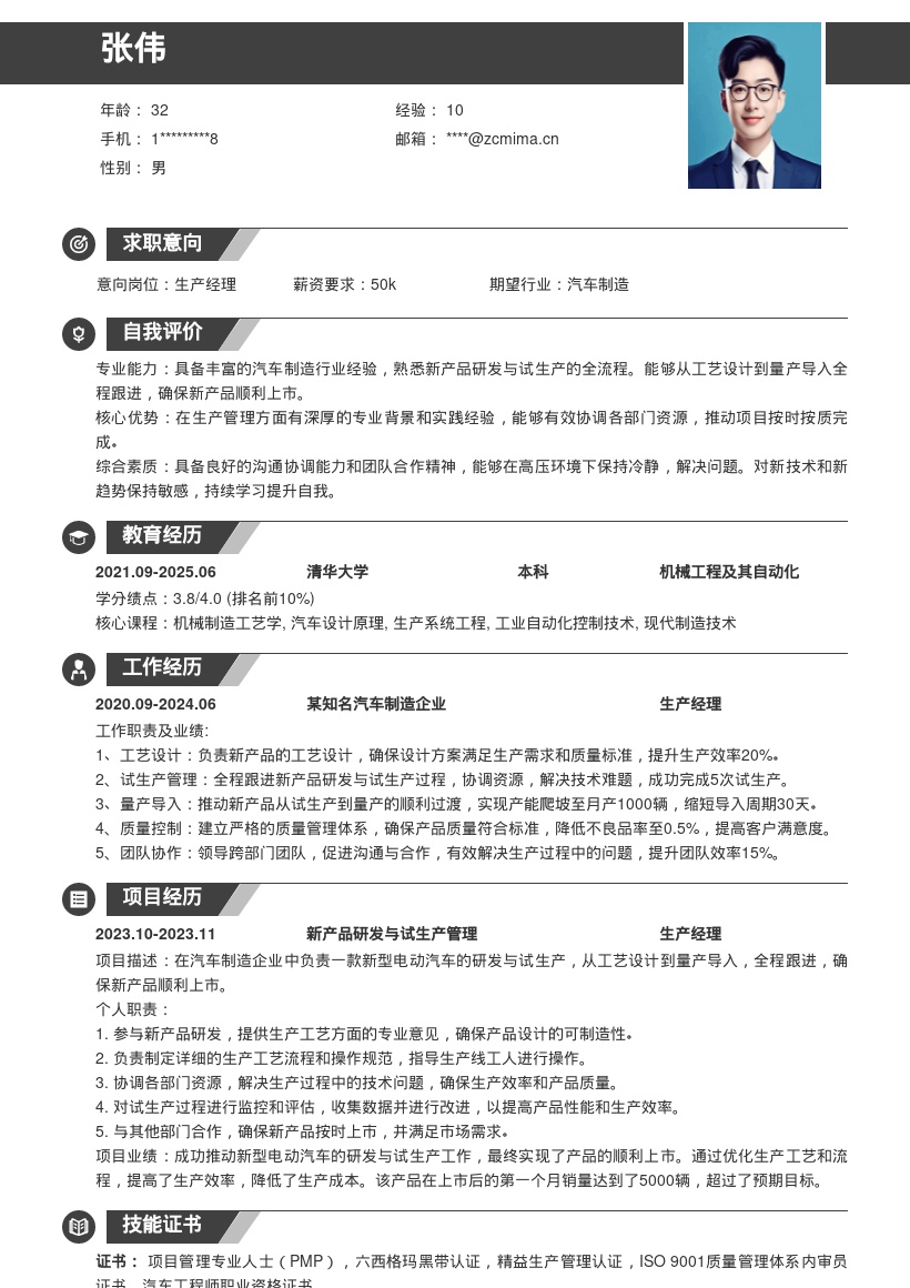 汽车制造生产经理新产品研发简历模板