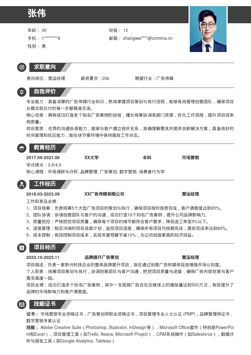 广告传媒营运经理成功案例简历模板