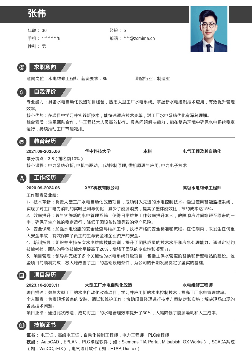 水电维修岗位参与改造应用技术简历模板