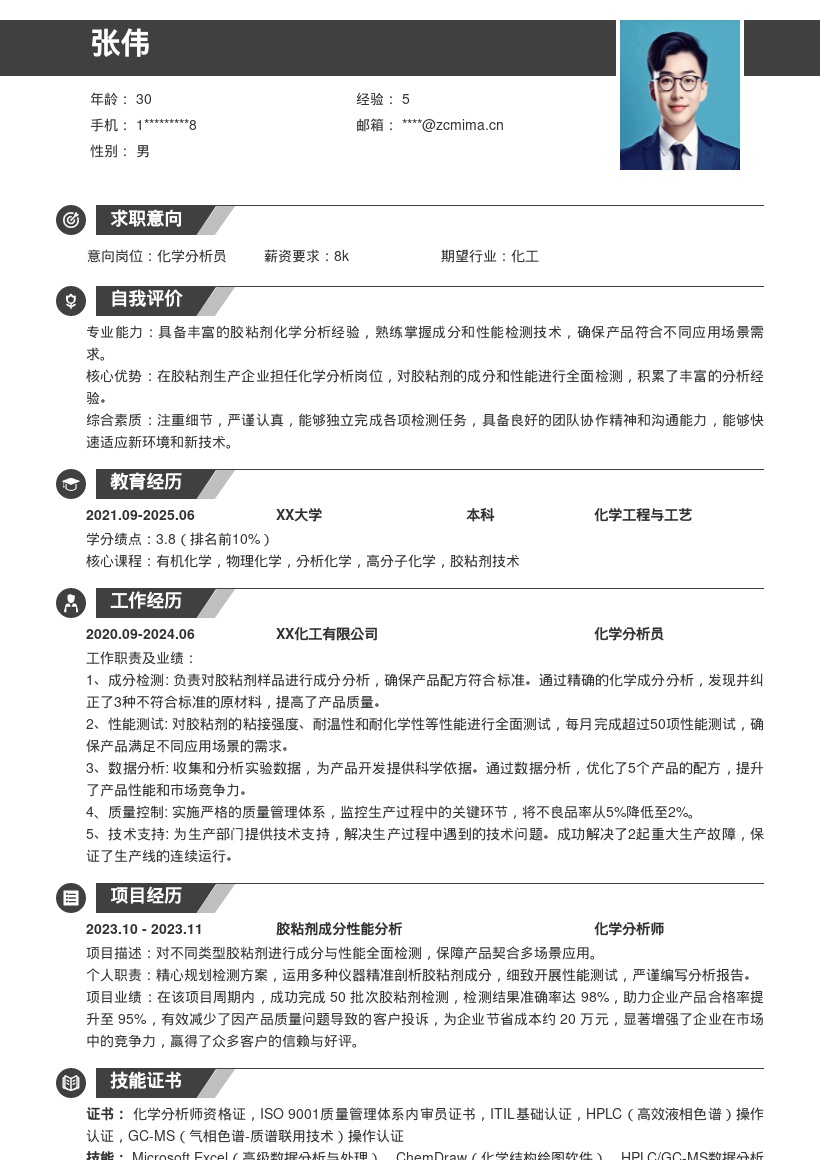 化学分析岗位胶粘剂检测经验简历模板